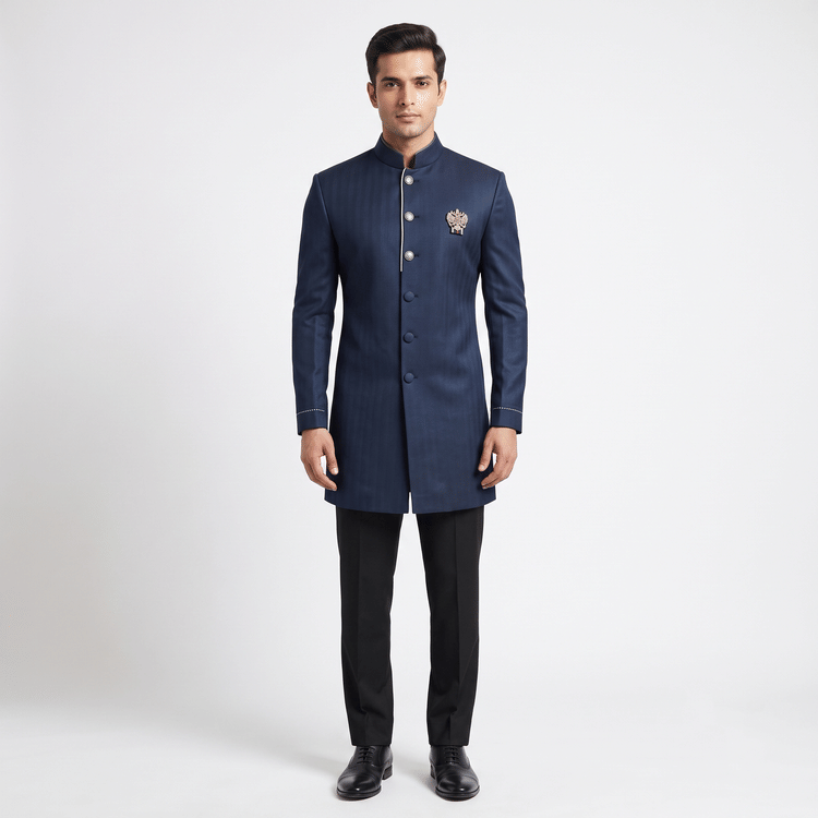 Size 38 - S&N by Shantnu Nikhil Navy Blue Bandhgala-Hover-Image