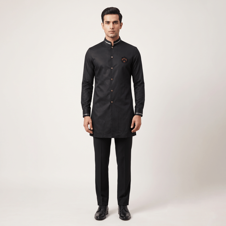 Size 38 - S&N by Shantnu Nikhil Black independence day logo band gala kurta-Hover-Image
