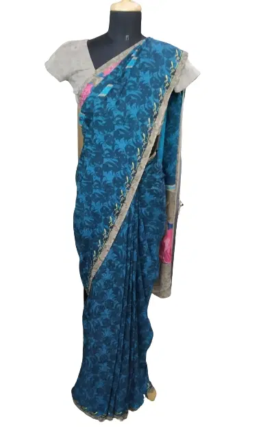 Satya Paul Blue and Grey Saree with Blouse