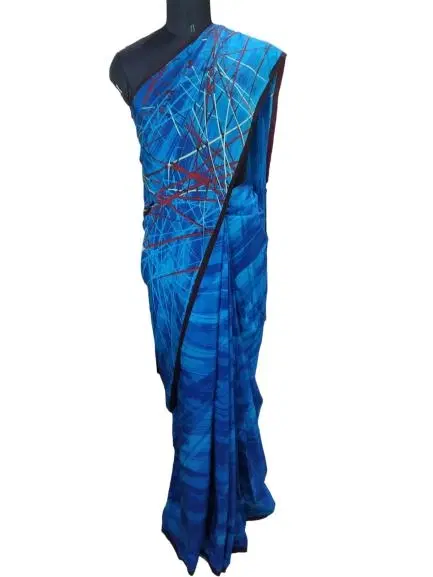 Satya Paul Multicolor Stripe Blue Saree with Blouse-Hover-Image