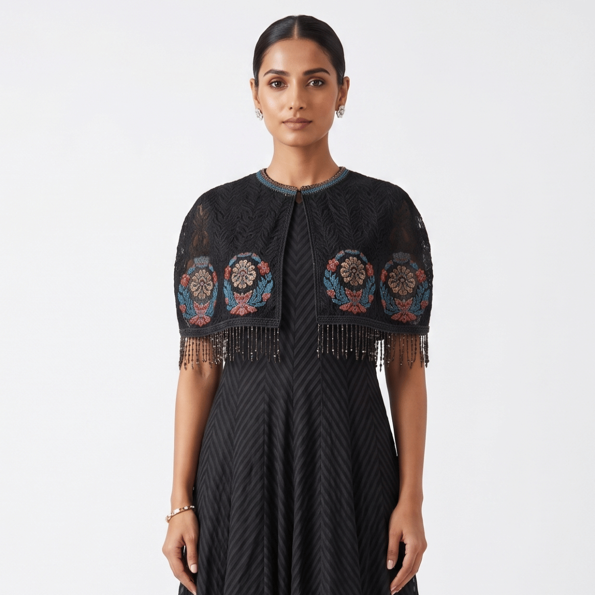 Tarun Tahiliani Black Gown With Embroidered Cape