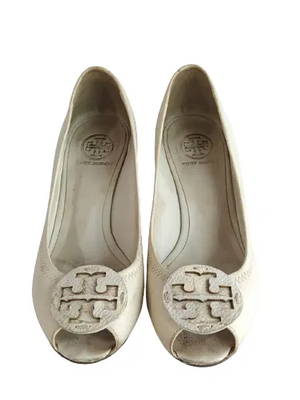 Tory Burch Sally Pebbled Leather Peep Toe Wedges