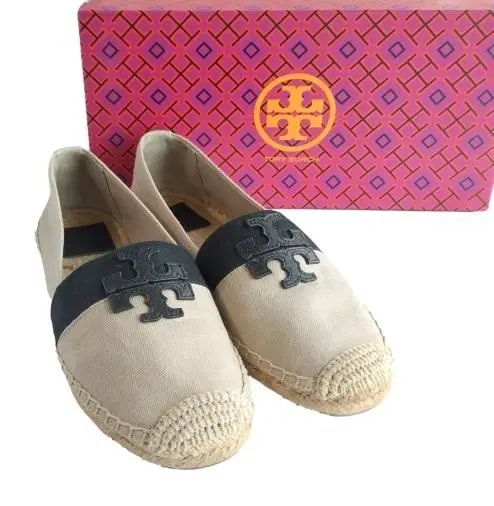 Size 8.5 - Tory Burch Weston Canvas Black Natural Flat Espadrilles-Hover-Image