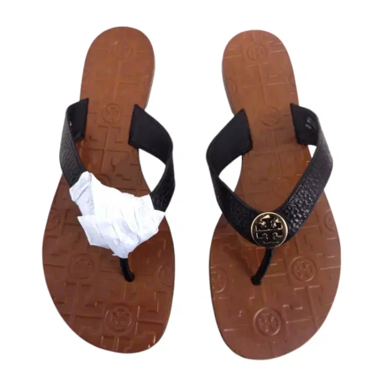 Tory Burch Thora Bleach Black Gold Logo Tumbled Leather Sandal-Hover-Image