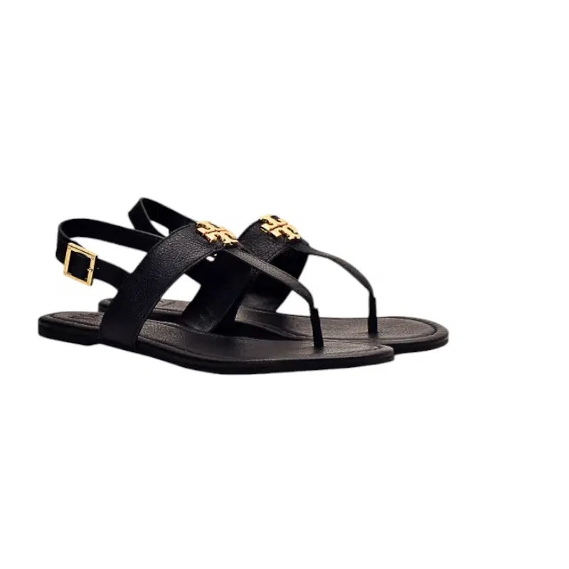 Tory Burch Black New Laura Flat Tumbled Leather Sandals