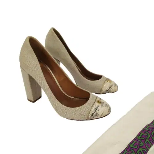 Size 7 - Tory Burch Beige Canvas Block Heel Pumps