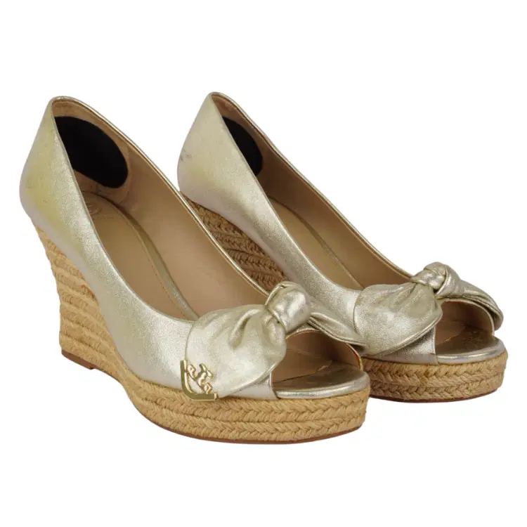 Size 9.5 - Tory Burch Dory Metallic Peep Toe Espadrilles Wedges-Hover-Image