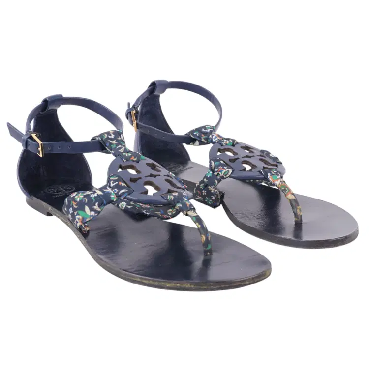 Size 7 - Tory Burch New Miller Royal Navy Blue Satin Scarf Sandals-Hover-Image