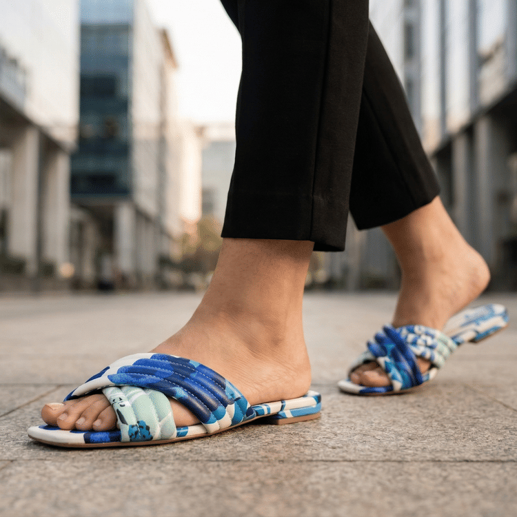 Size 7 - Tory Burch Kira Quilted flat slide sandals in Blue Floral Pattern-Hover-Image