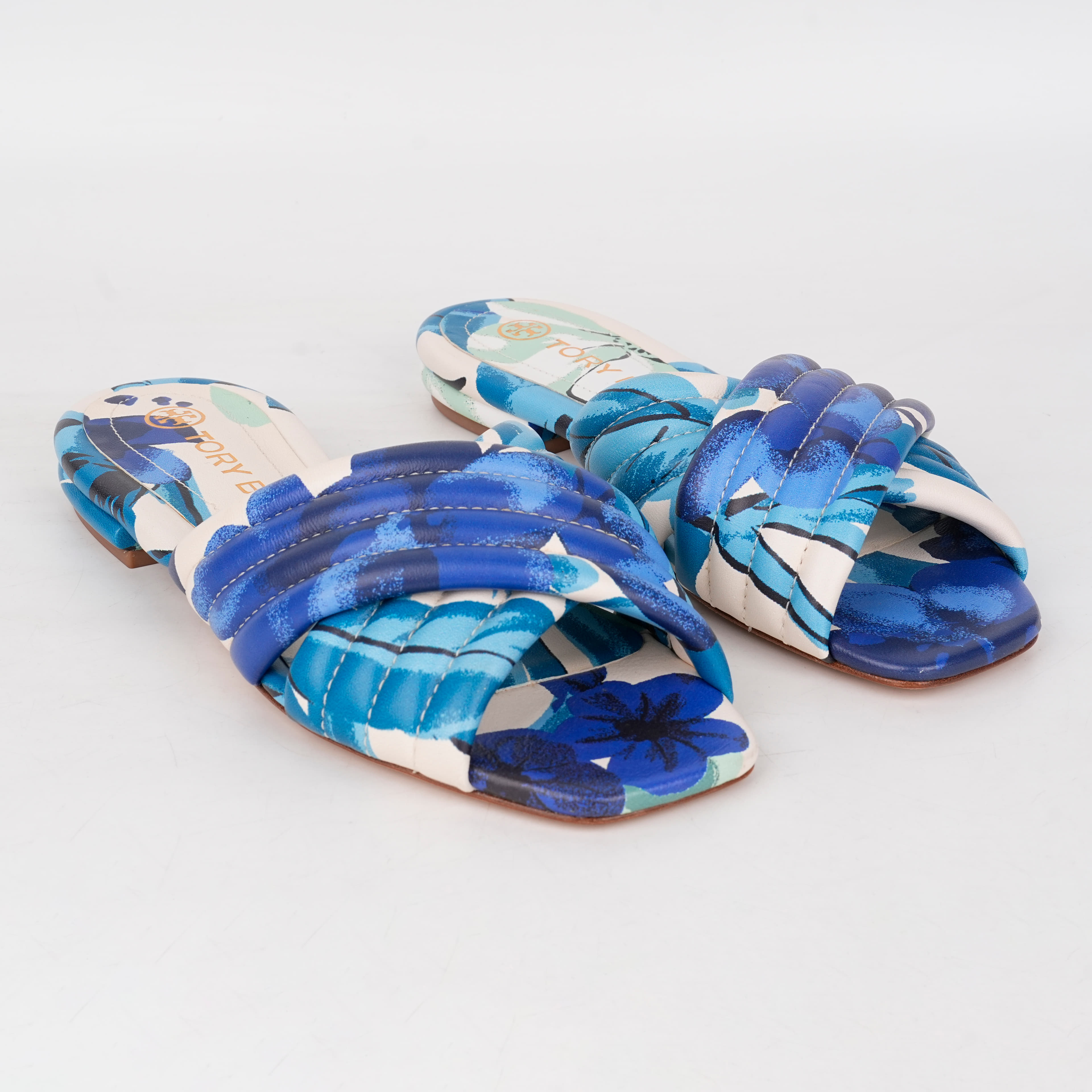 Size 7 - Tory Burch Kira Quilted flat slide sandals in Blue Floral Pattern