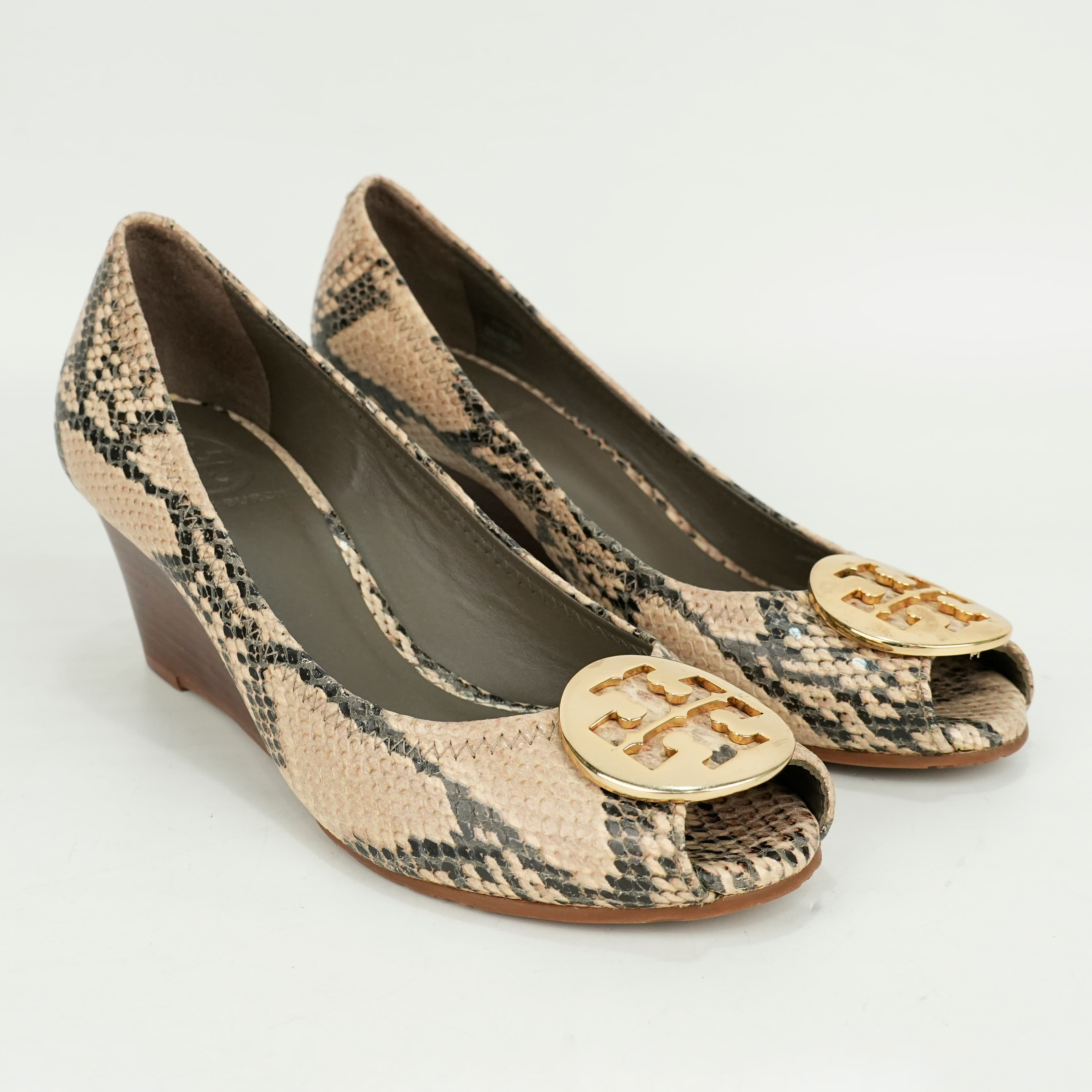 Size 7.5 - Tory Burch Reva Snake-Print Wedges