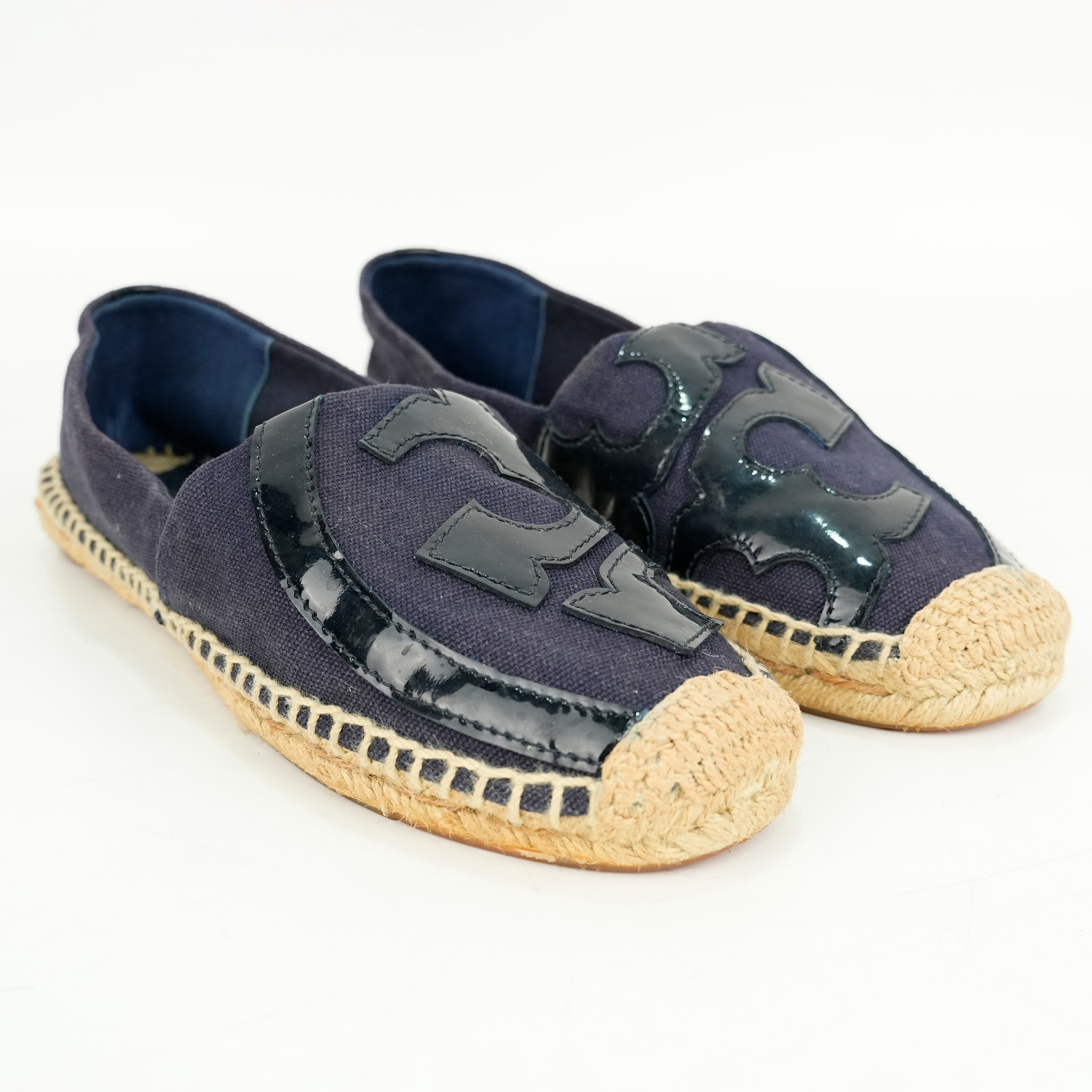 Size 8M - Tory Burch Blue Canvas And Blue Patent Leather Logo Lonnie Espadrilles