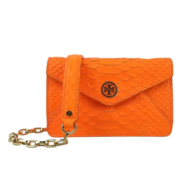 Tory Burch Neon Orange Python Embossed Leather Miniature Crossbody Bag-Hover-Image