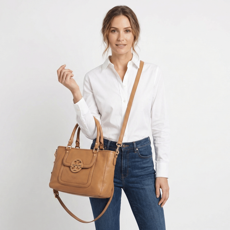 Tory Burch Amanda Beige Leather Tote-Hover-Image