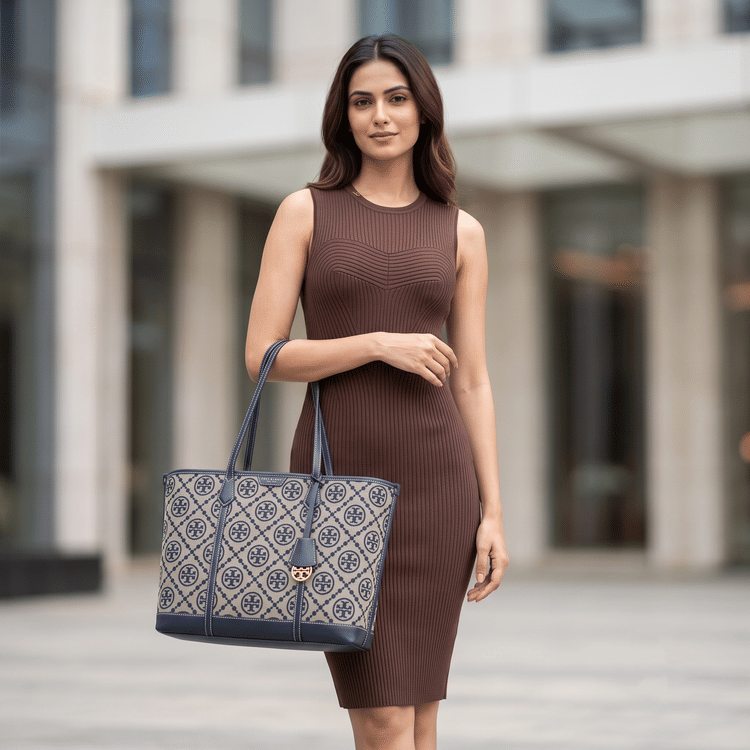 Tory Burch Navy Blue /Beige Perry T Monogram Jacquard Tote-Hover-Image