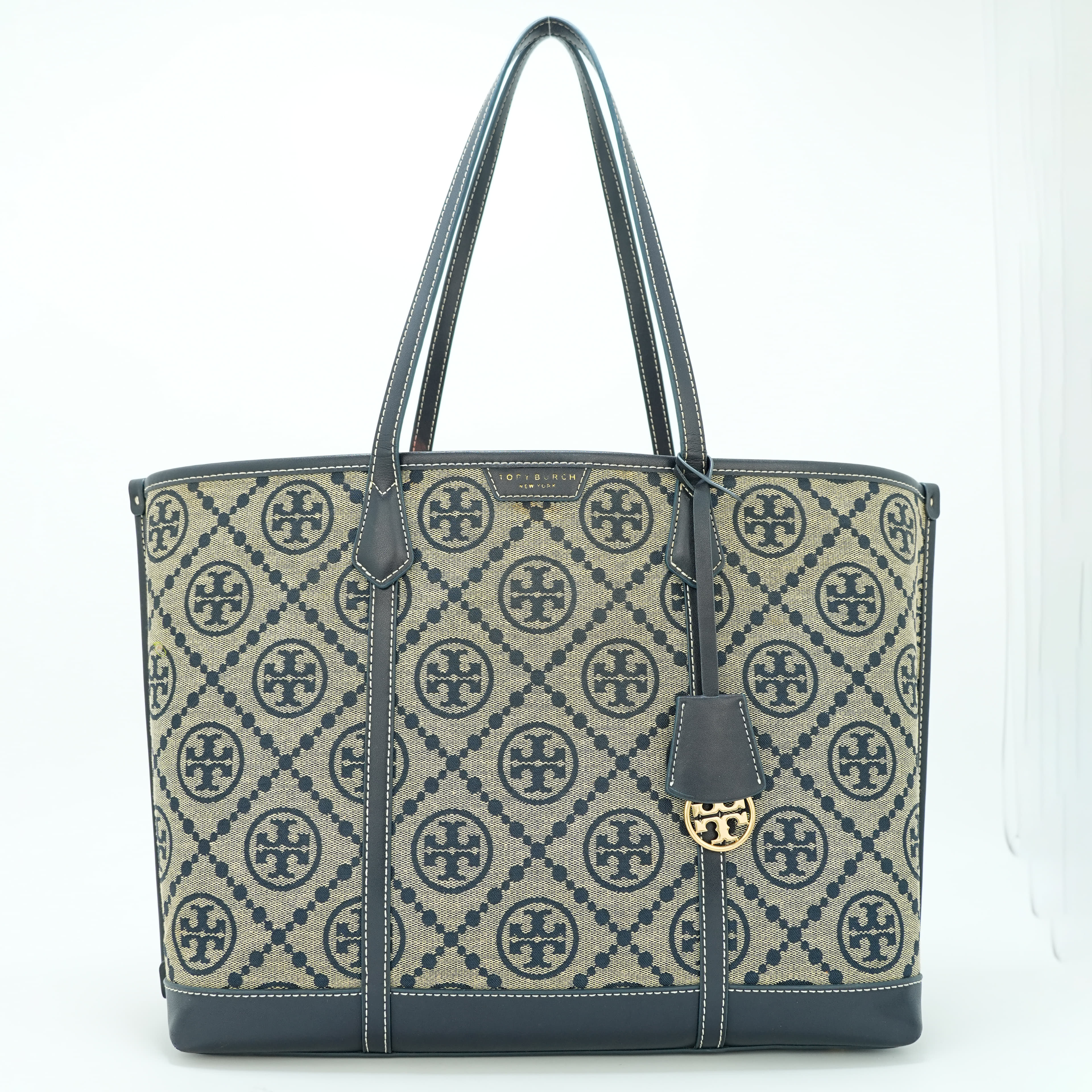 Tory Burch Navy Blue /Beige Perry T Monogram Jacquard Tote