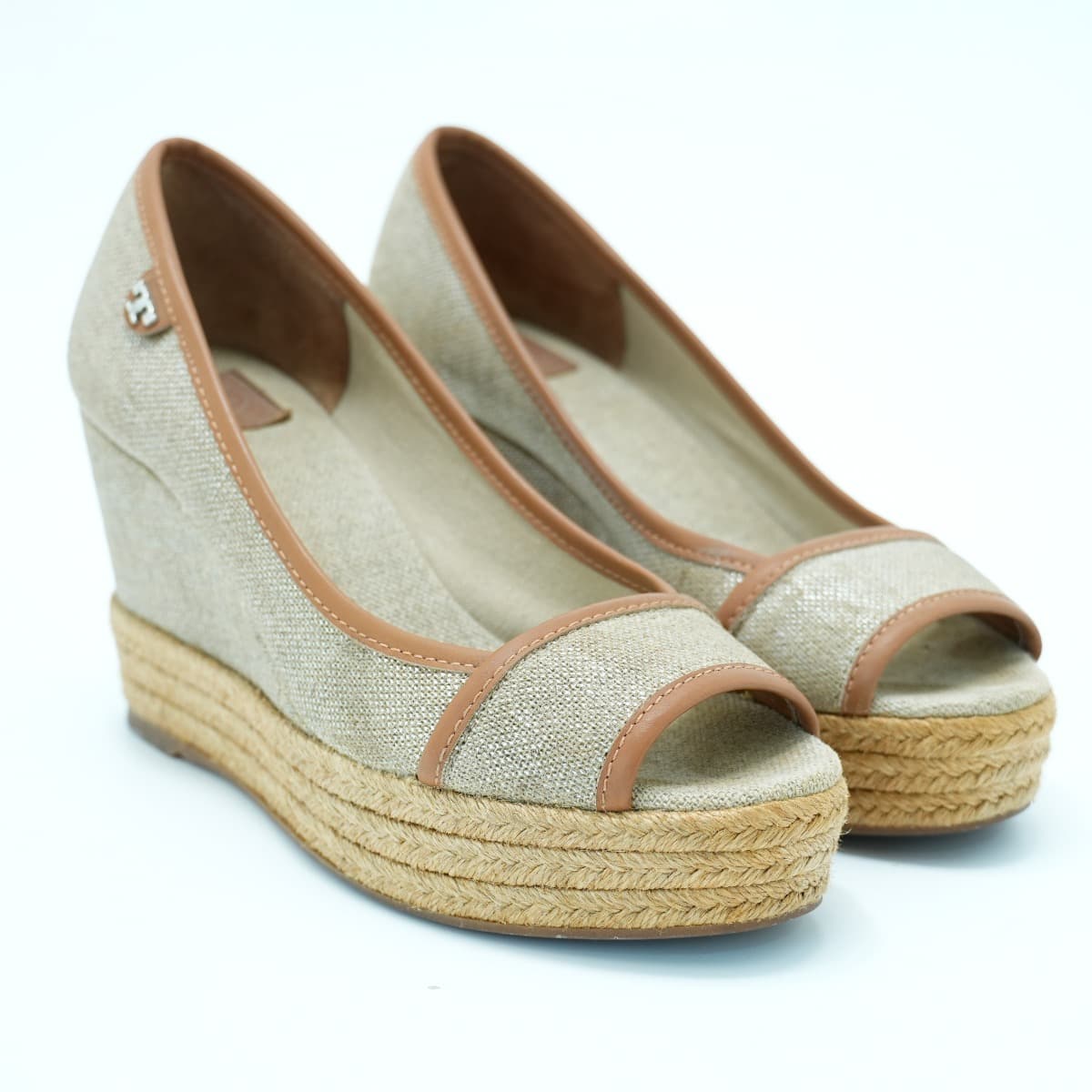 Size US 6 - Tory Burch Beige/Tan Canvas and Leather Espadrille Wedge Pumps