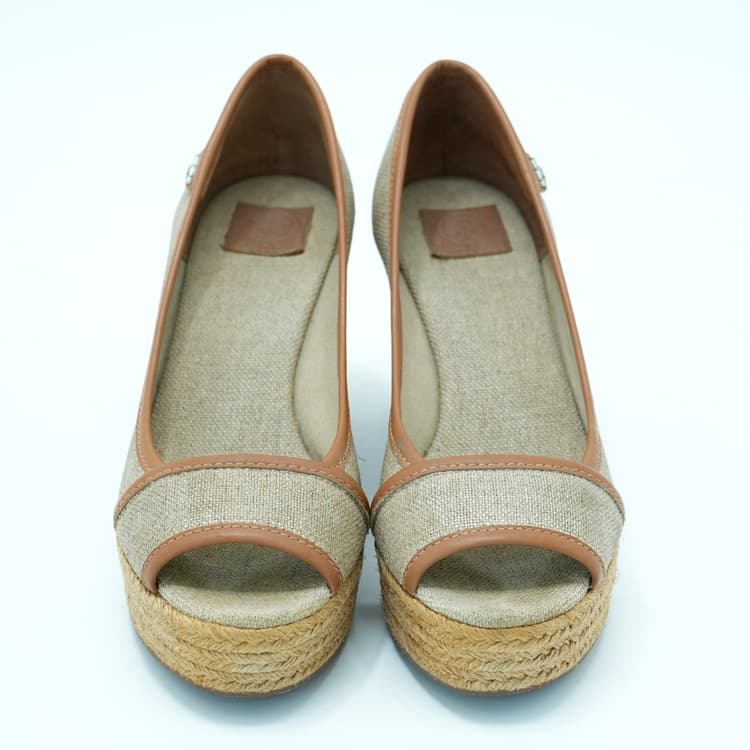 Size US 6 - Tory Burch Beige/Tan Canvas and Leather Espadrille Wedge Pumps-Hover-Image