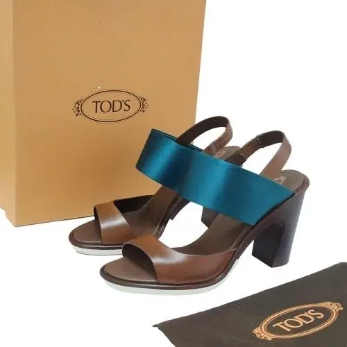 Size 40.5 - Tods Two Tone Leather and Satin Block Heel Slingback Sandals