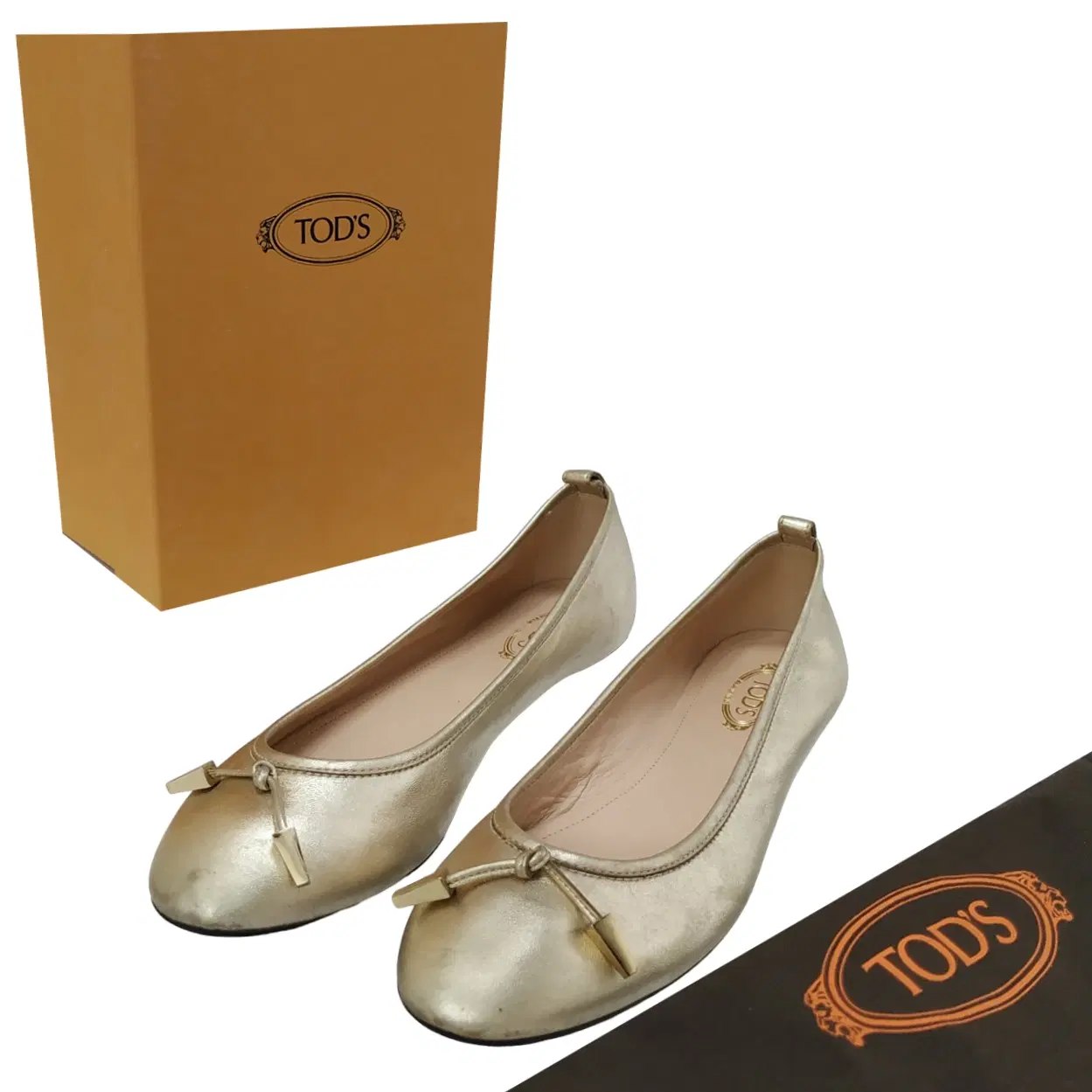 Size 38 - Tods Metallic Gold Leather Studded Ballet Flats