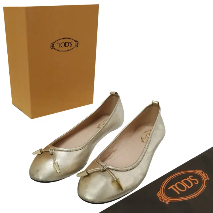 Size 38 - Tods Metallic Gold Leather Studded Ballet Flats-Hover-Image