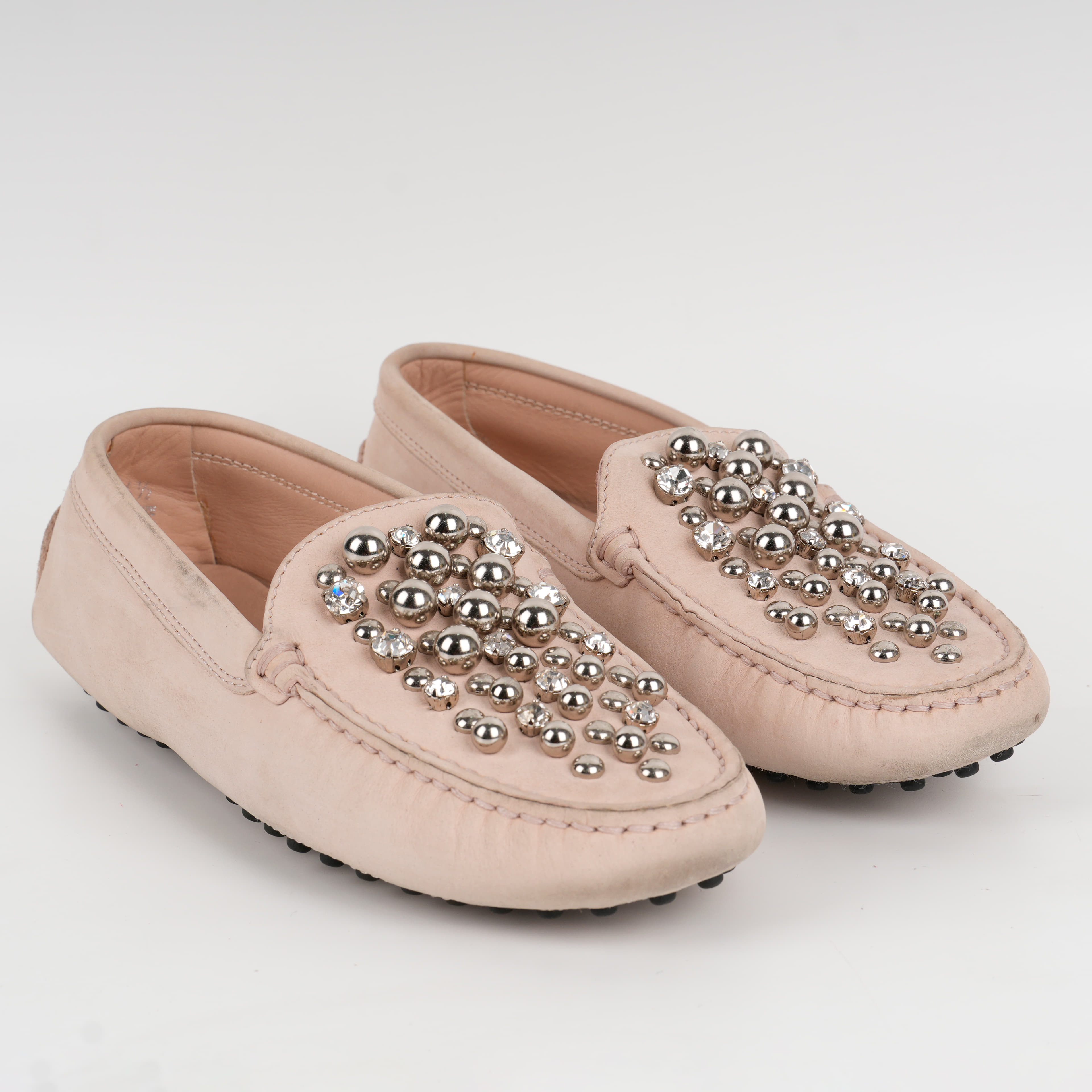 Size 34.5 - Tod's Beige Leather Studded Slip On Loafers