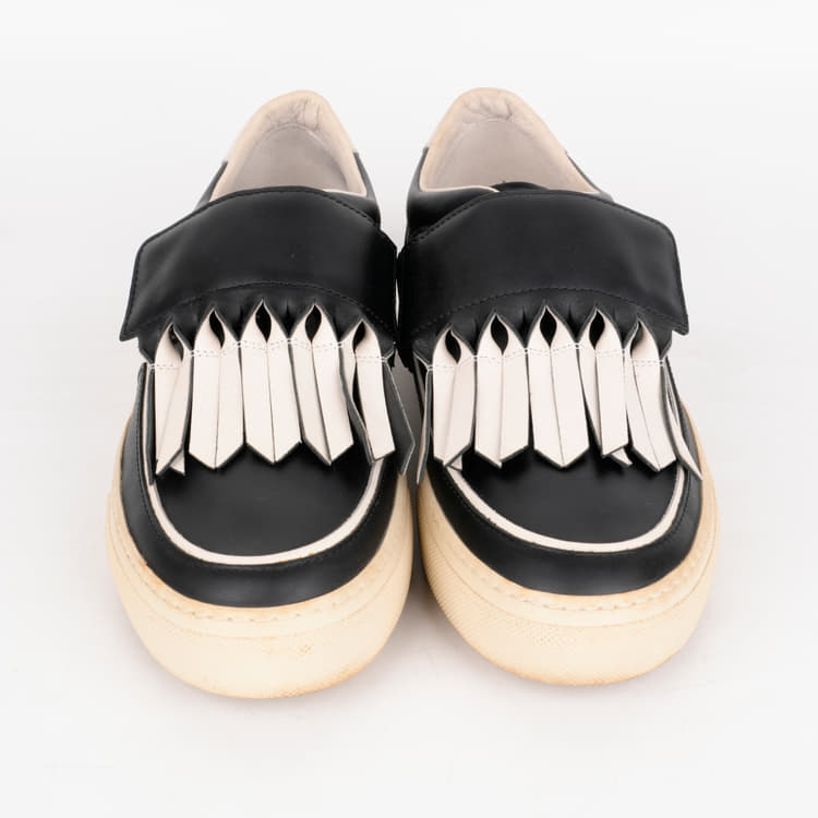Size 37.5 - Tod's Black and White Leather Fringe Detail Slip On Sneakers-Hover-Image