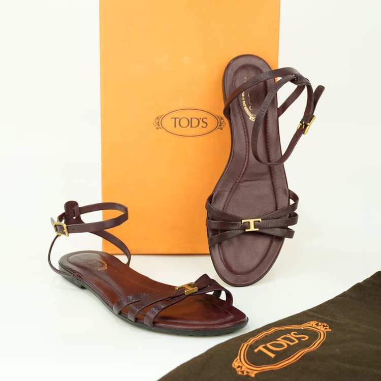 Size 39.5 - Tod's Burgundy leather flat sandals-Hover-Image