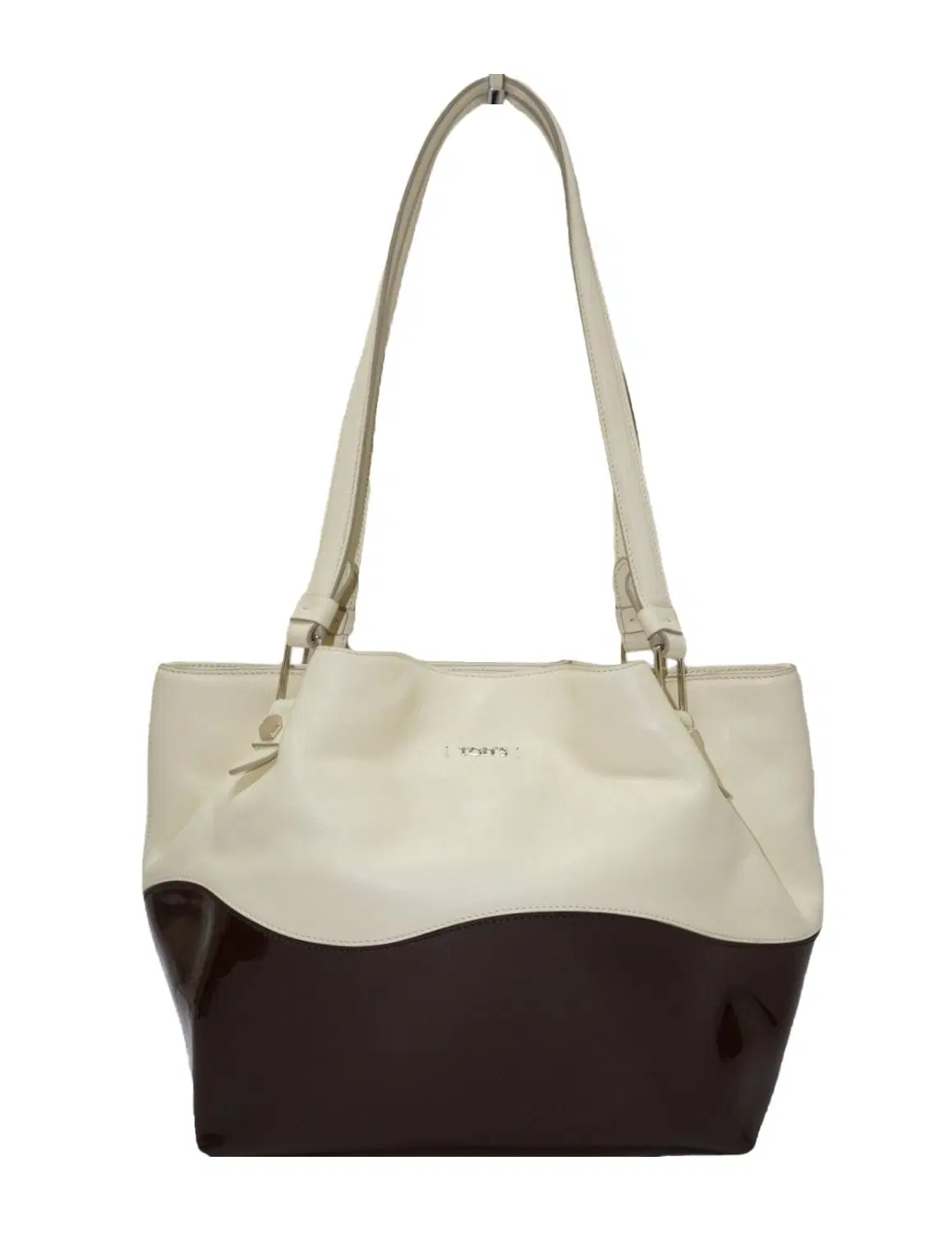 Tods Flower White and Brown Patent Leather Medium Tote