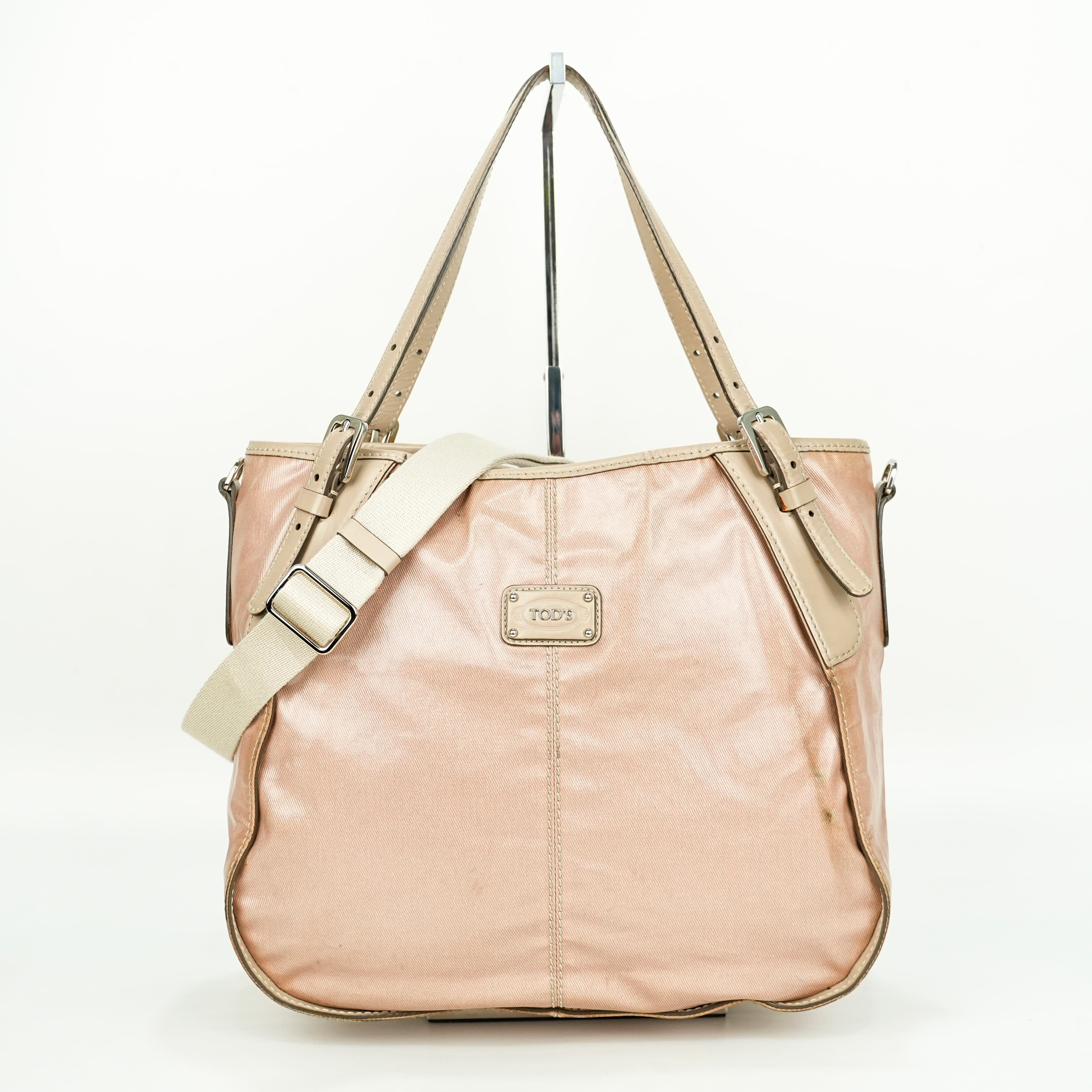 Tods Coated Canvas and Crackled Patent Leather Hobo Bag