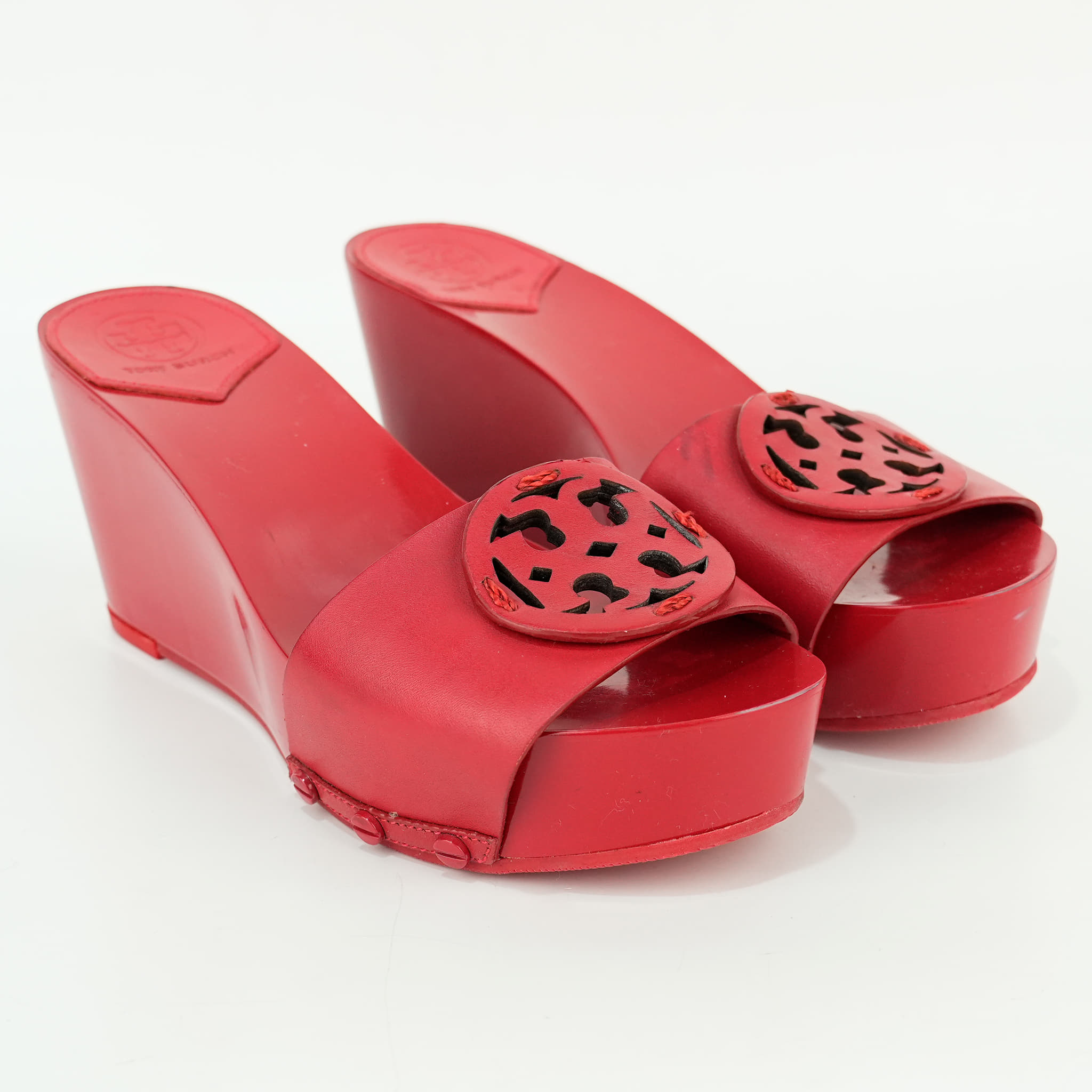 Size 5.5M - Tory Burch Red Miller Studded Lug Sole Wedge Sandal