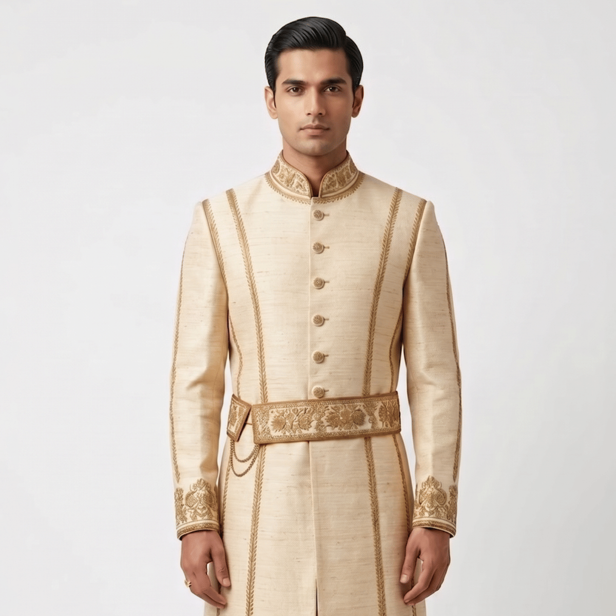 Tarun Tahiliani Raw silk sherwani With embroidered kamarbandh, kurta & chudidar pajama