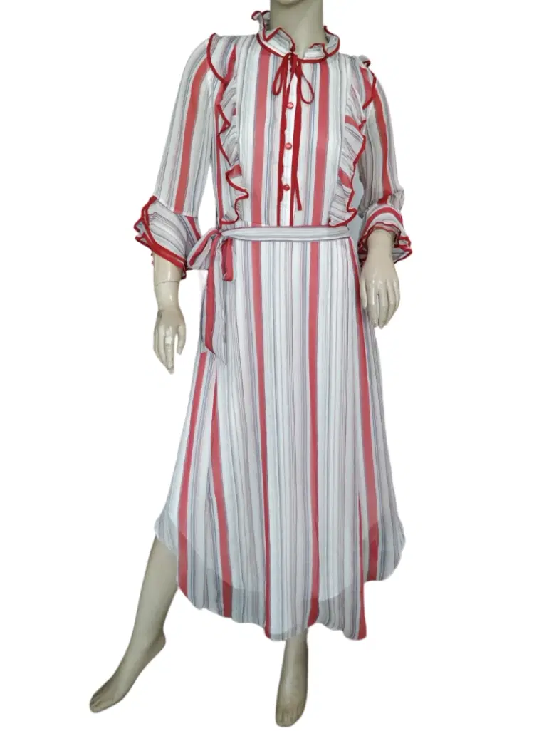 Mikael Aghal Belted Pleated Striped Georgette Dress-Hover-Image