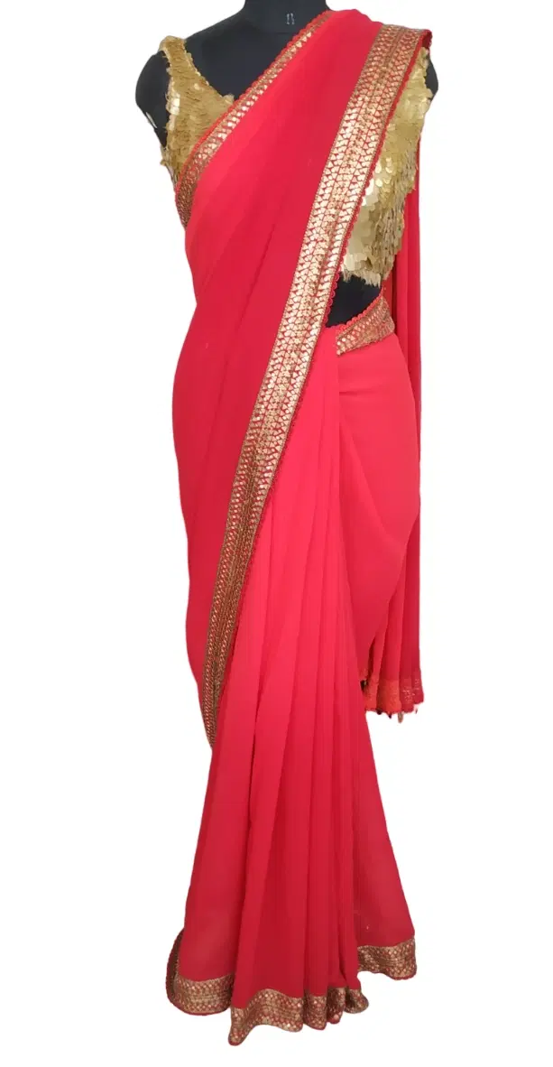 Unbranded Red Saree With Golden Blouse