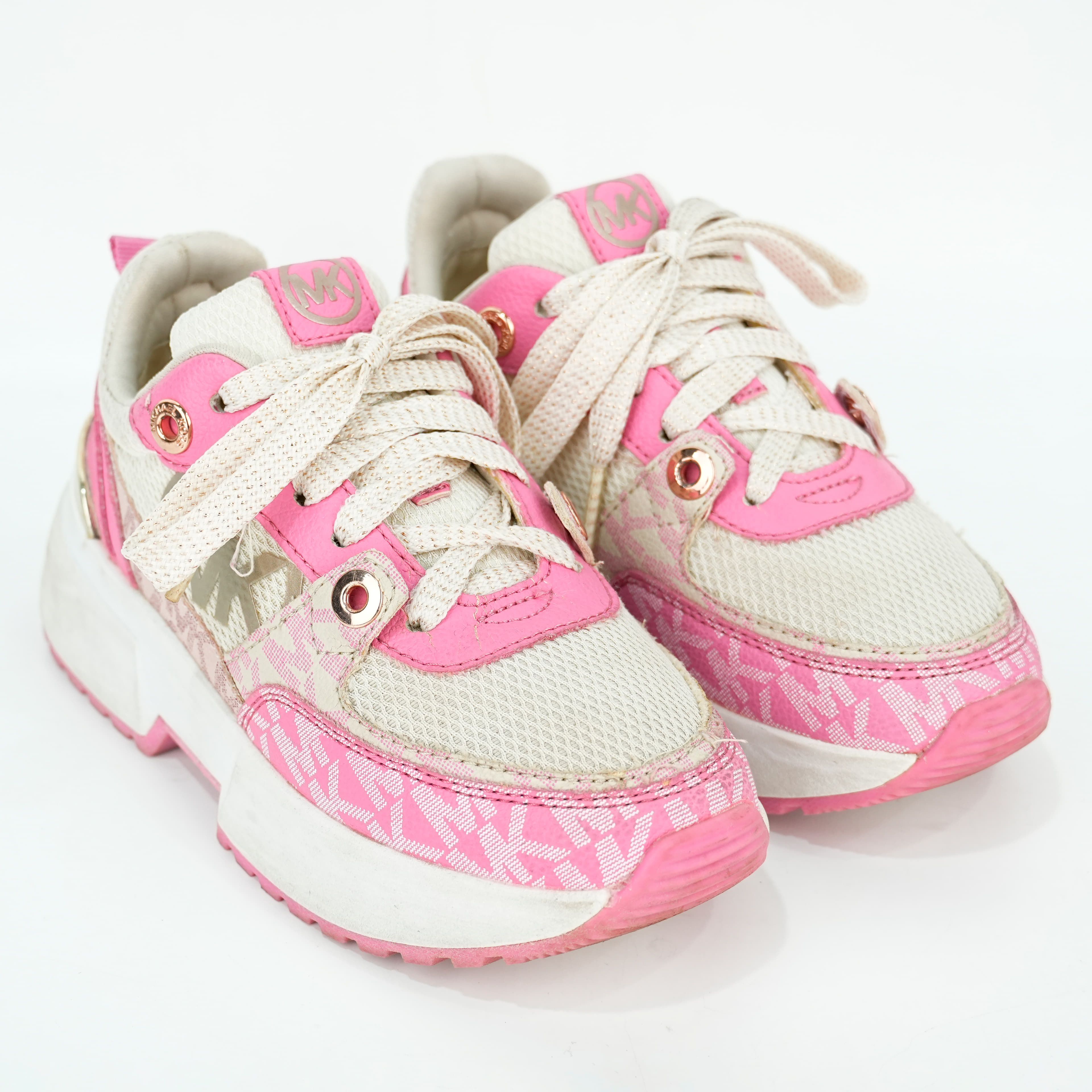 UK 12.5 - Michael Kors Kids Emmet Grove Mesh & Leather Sneakers in Pink & Off-white