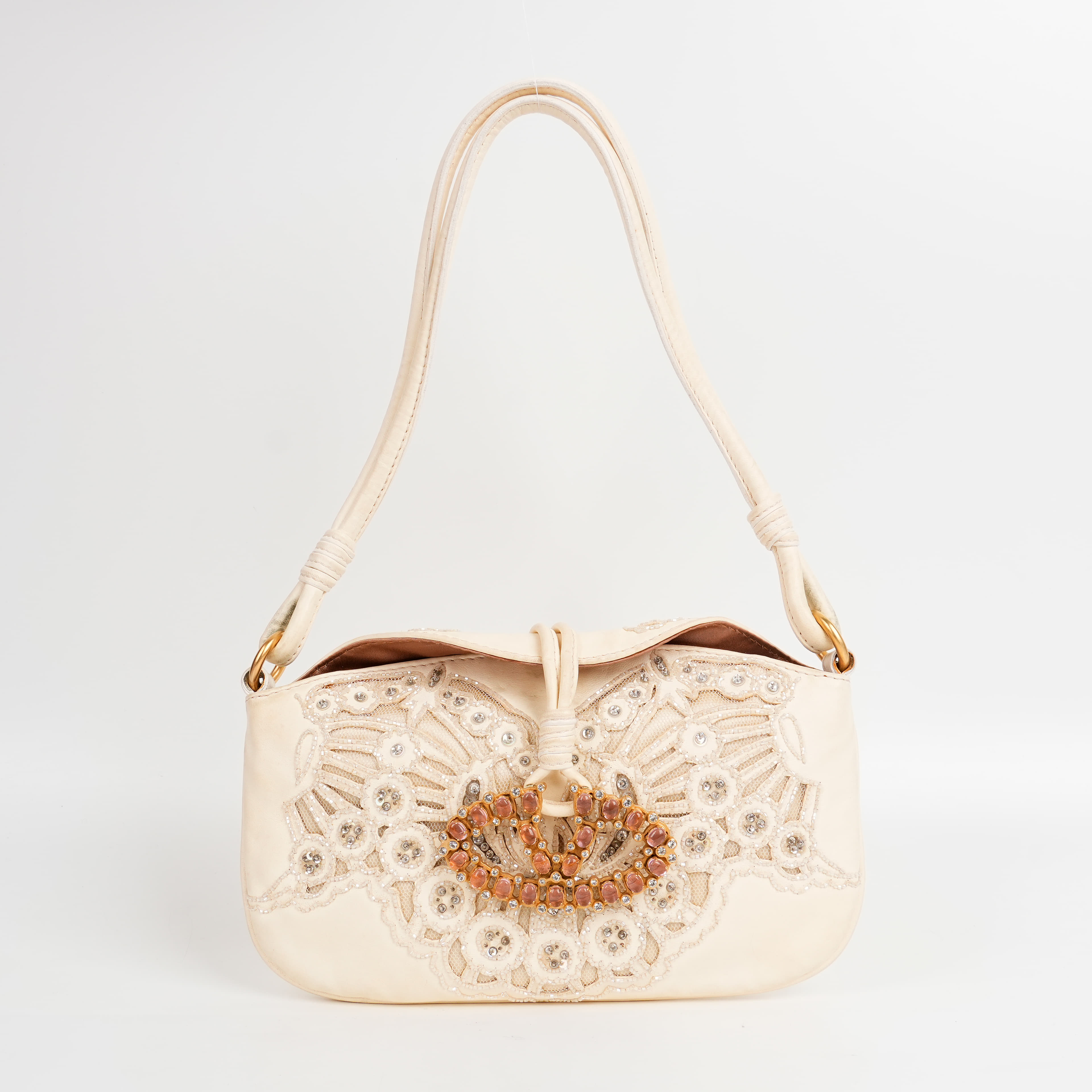 Valentino Garavani Beige Vintage V Studded Logo Buckle Small Handbag