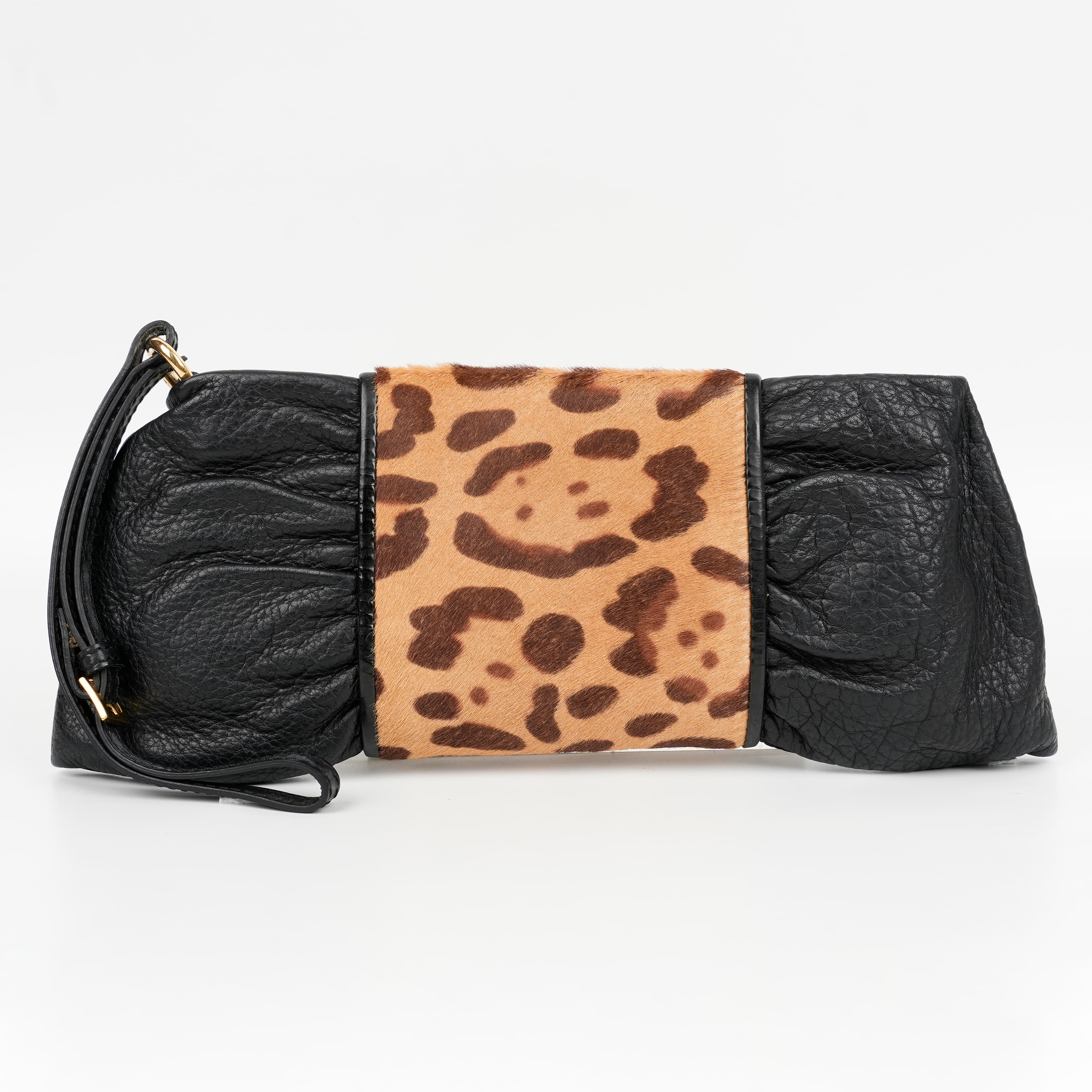 Valentino Garavani Black Leather Leopard Skin Wristlet Bag