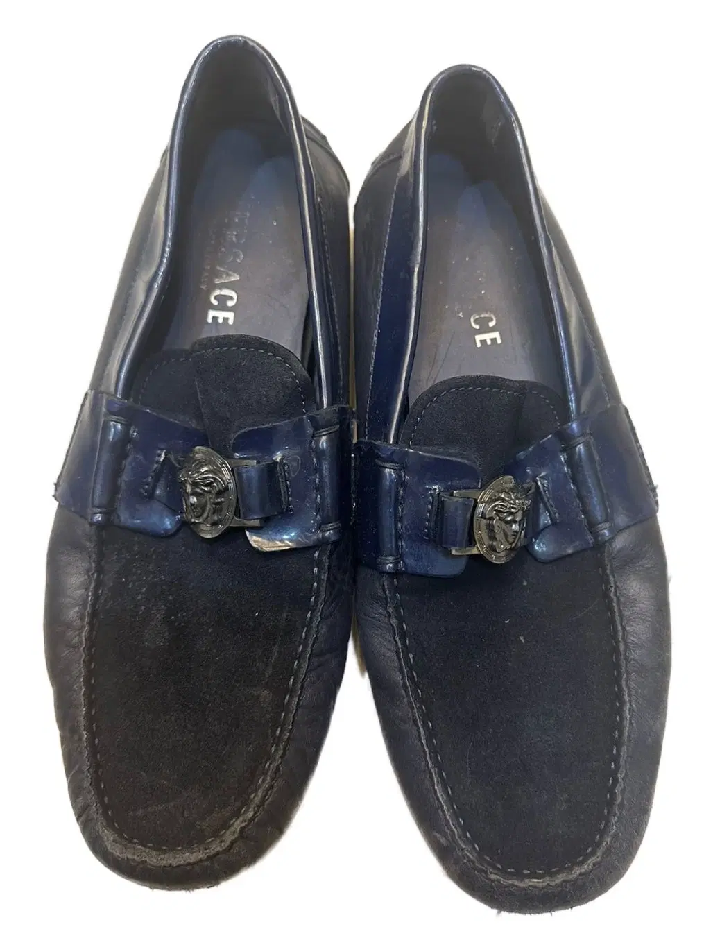 Size 43 - Versace Navy Blue Leather and Suede Medusa Slip On Loafers