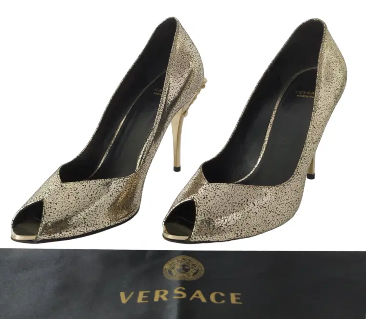 Size 38.5 - Versace Medusa Gold Open Toe High Heels Pumps-Hover-Image