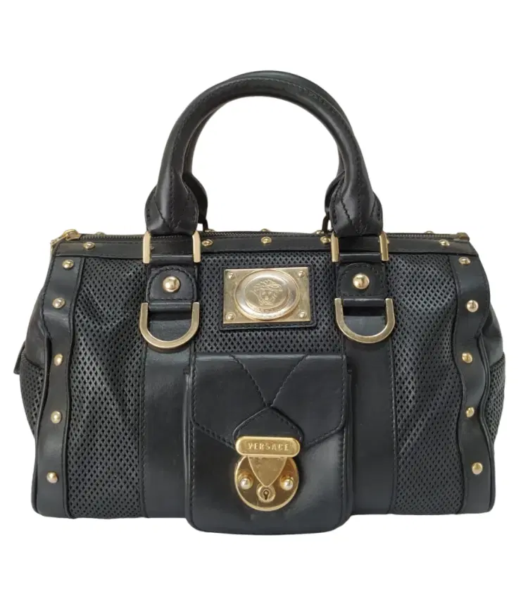 Versace Medusa Perforated Black Leather Boston Bag-Hover-Image