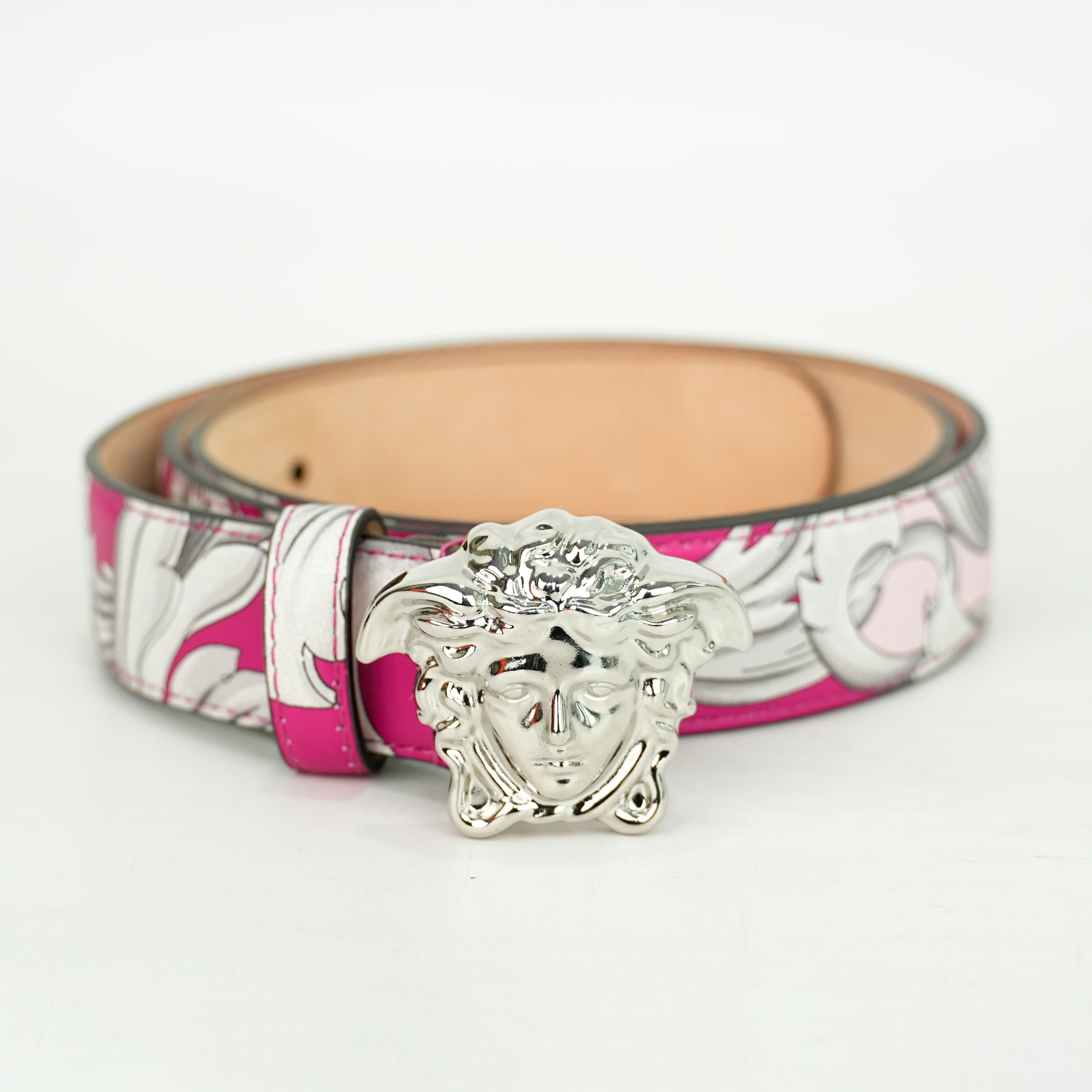 Versace La Medusa Barocco leather Belt in Pink and White, Size 36