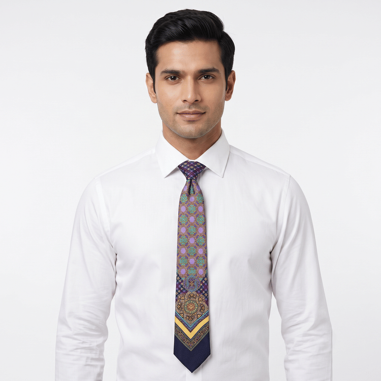 Versace Classic Baroque Celtic Knot Medusa Tie in Silk-Purple/ Teal/ Gold colour-Hover-Image