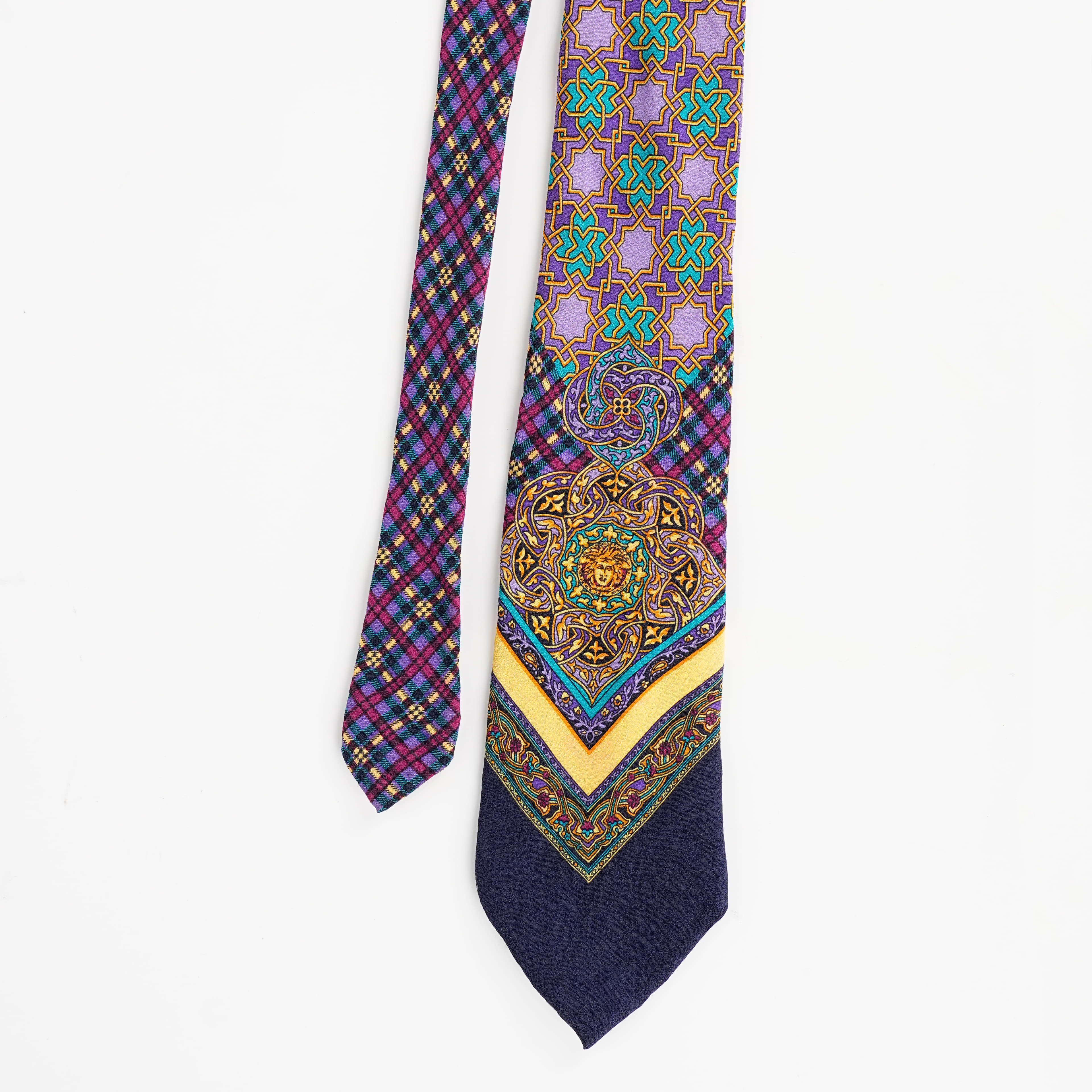 Versace Classic Baroque Celtic Knot Medusa Tie in Silk-Purple/ Teal/ Gold colour