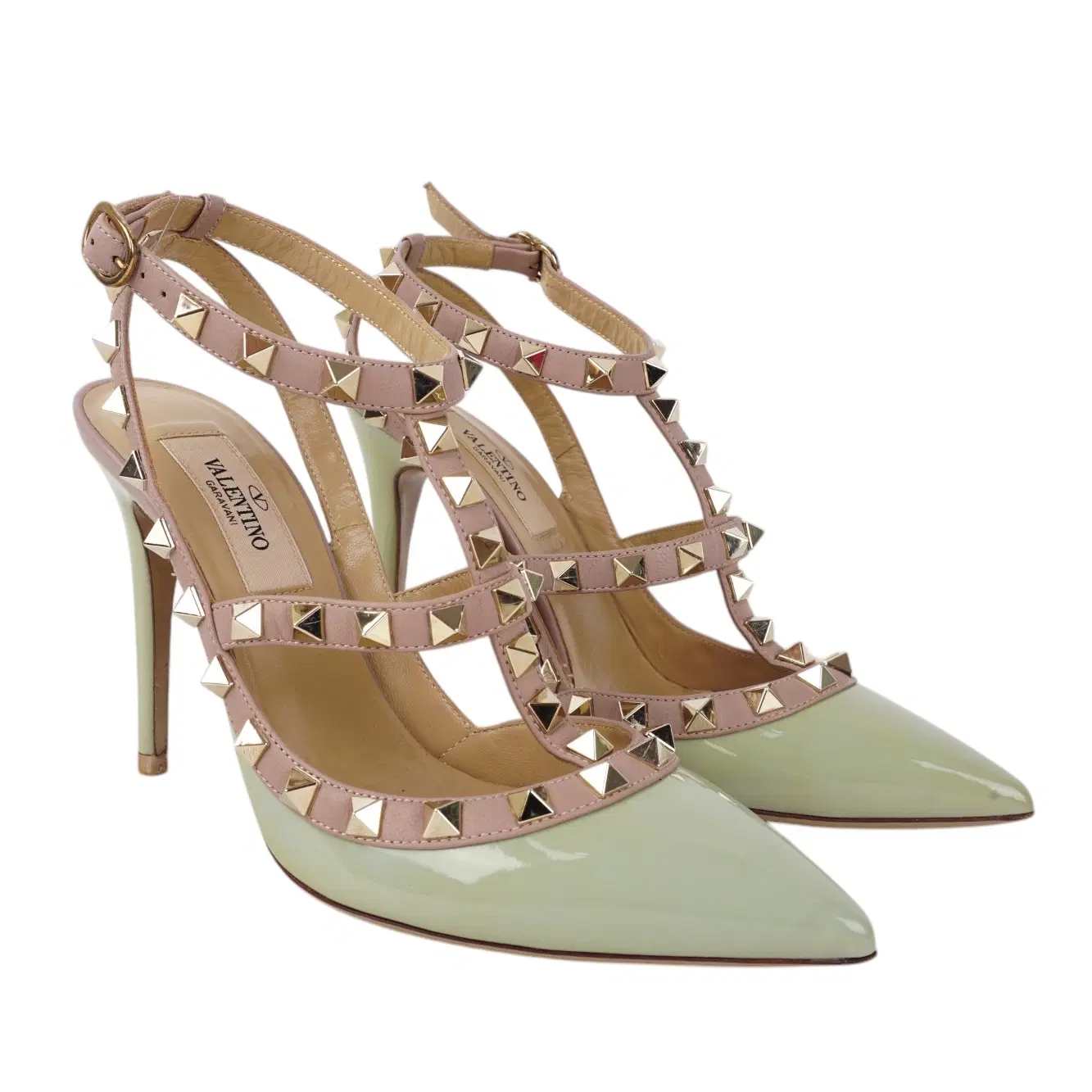 Size 35.5 - Valentino Green / Beige Patent Leather Rockstud Ankle Strap Sandals