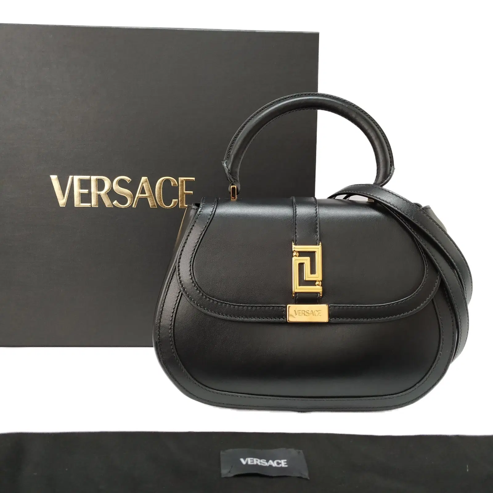 Greca Goddess Black Leather Top-Handle Bag