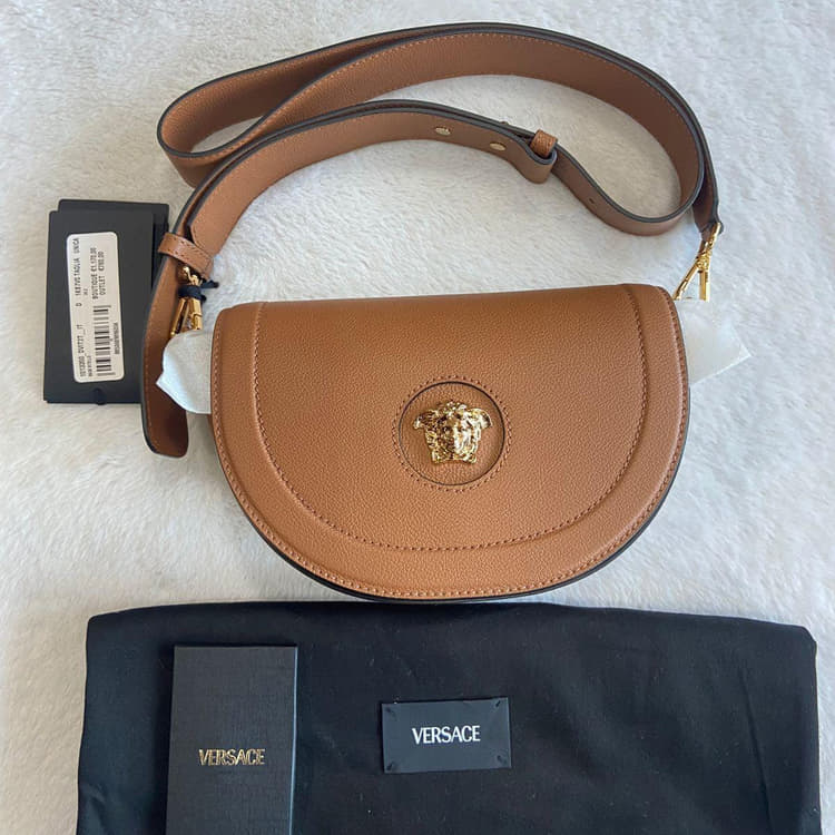 Versace Gold Medusa Vitello Leather Half Moon Shoulder Bag-Hover-Image