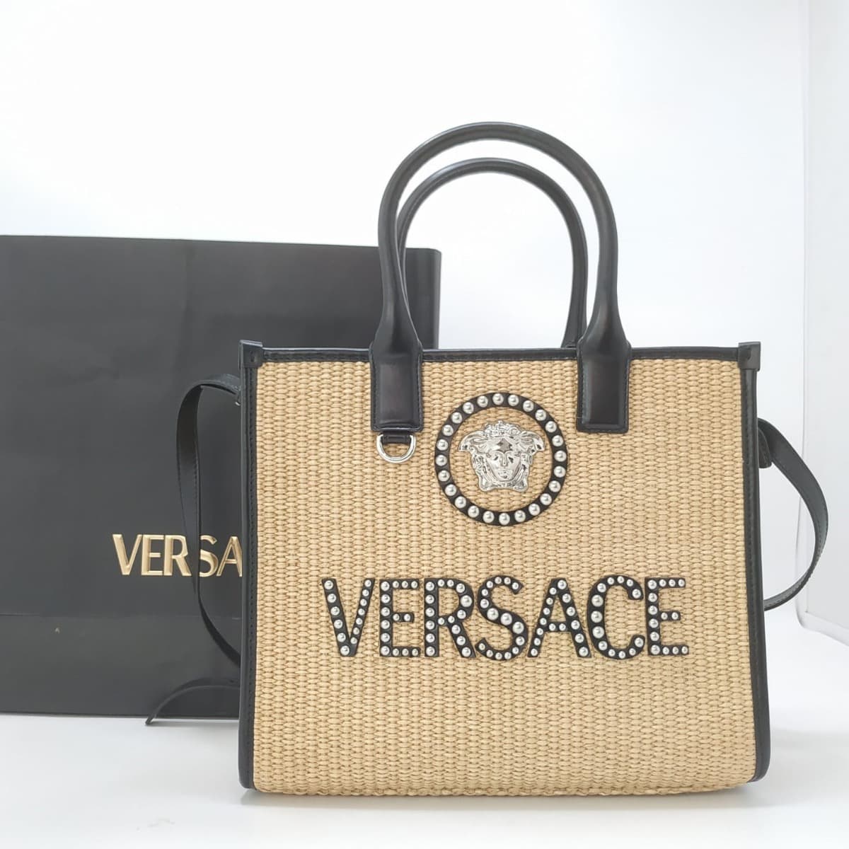 Versace Raffia Studded La Medusa Tote Beige Bag