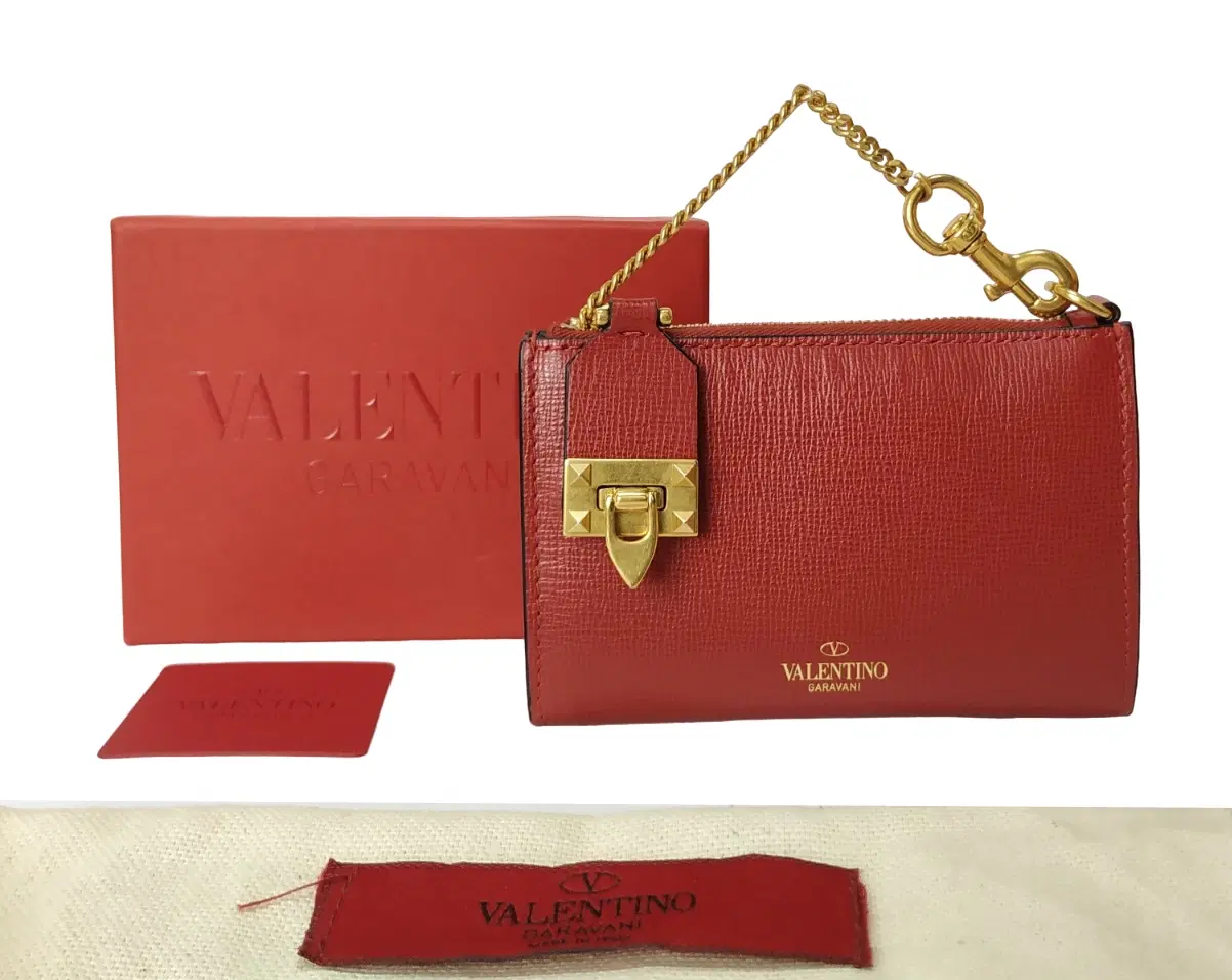 Valentino Rockstud Twist Lock Red Leather Zip Wallet