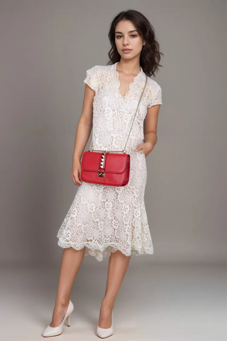 Valentino Rockstud Medium Glam Lock Red Leather Flap Bag-Hover-Image