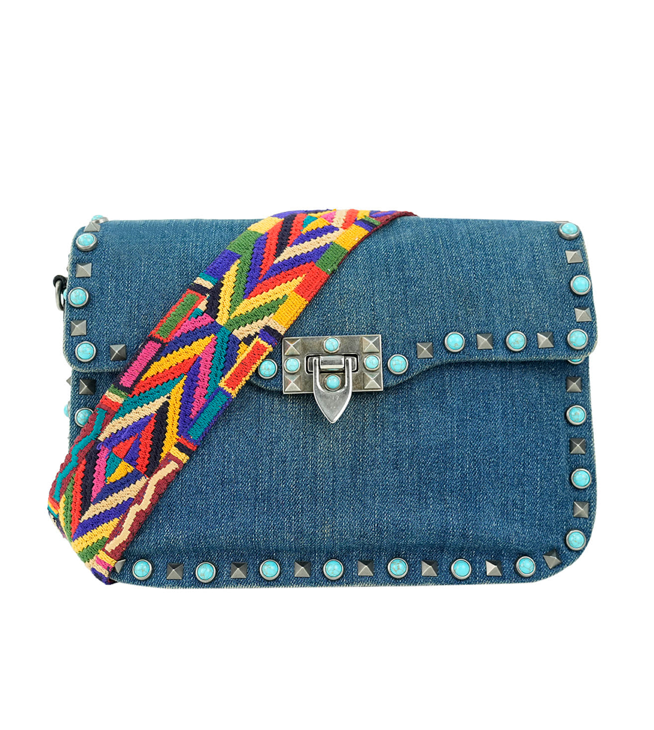 Valentino Garavani Denim Rockstud Rolling Rock Crossbody Bag